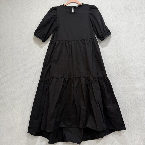 ZARA Dress Womens Extra Small Black Puff Sleeve Tiered Maxi Cotton High Low - Picture 1 of 11
